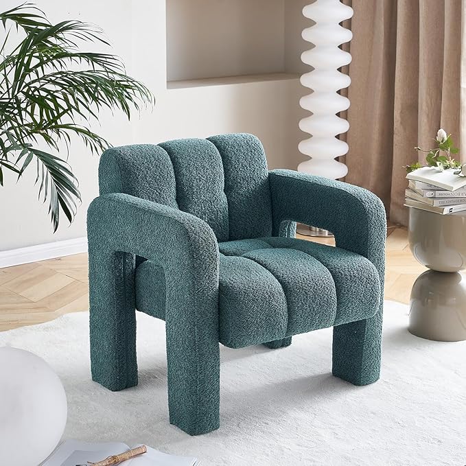 Accent Chair Living Room Chairs Modern Comfy Reading Nook Chair for Bedroom Upholstered Boucle Fabric Side Chair Armchair for Living Room Office (Green)