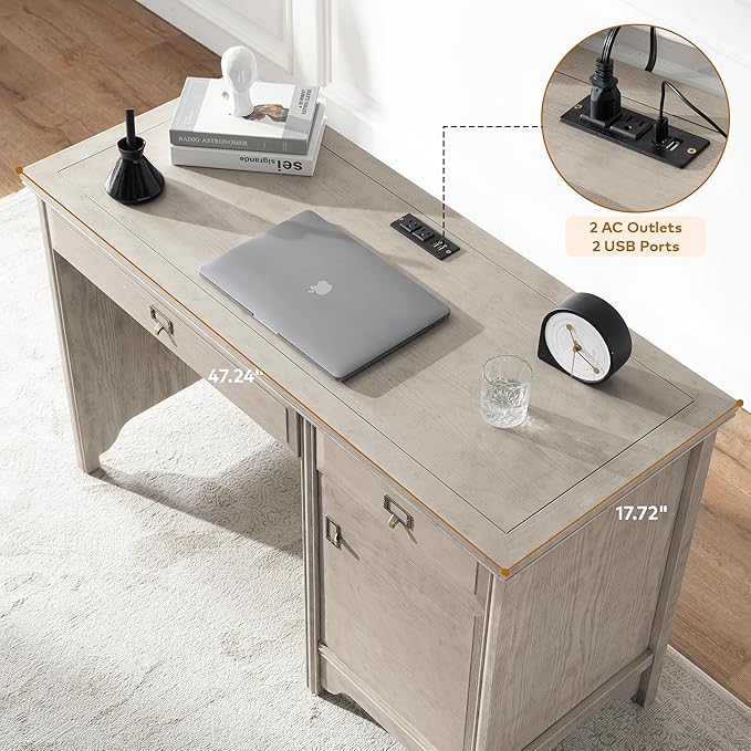 Chogori 47 Solid Wood Executive Desk Farmhouse Office Computer Desk with 2 Drawers &amp Storage Cabinet Wooden Writing Table for Home Office Study Bedroom (Gray)