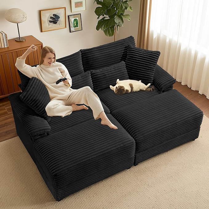 SUNWAVE 74 W Double Chaise Lounge Chair Indoor Oversized Loveseat with Storage Ottoman Corduroy Couch with USB Charging Removable Ottoman and Coffee Table Cushions for Living Room Bedroom