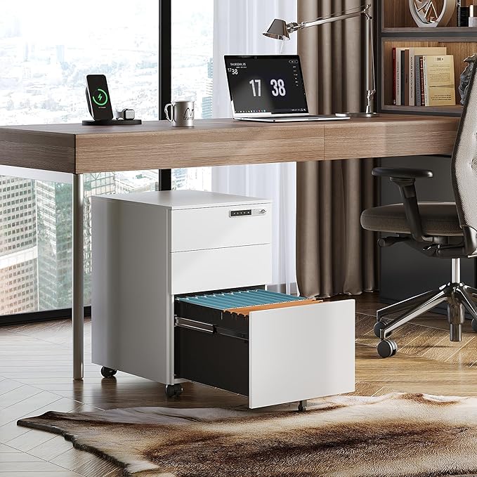 DEVAISE 3 Drawer File Cabinet with Combination LockFully Assembled Metal Filling Cabinet Except Wheels Mobile Under Desk File Cabinets for Home Office White