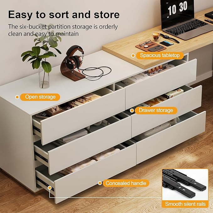 L-Shaped Desk with 6 Drawers Extendable from 56 to 98.5 Corner Desk Writing Desk Study Desk Vanity Desk Ideal for Gaming Home Office or Makeup White