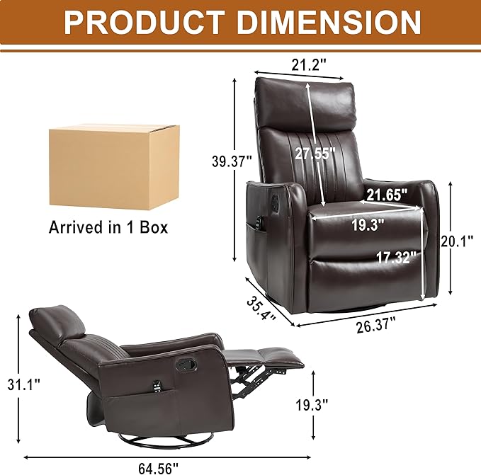 Manual Swivel Rocker Recliner Chair for Adults Overstuffed Recliner Glider with Massage and Heat Living Room Reclining Chair PU Leather Dark Brown