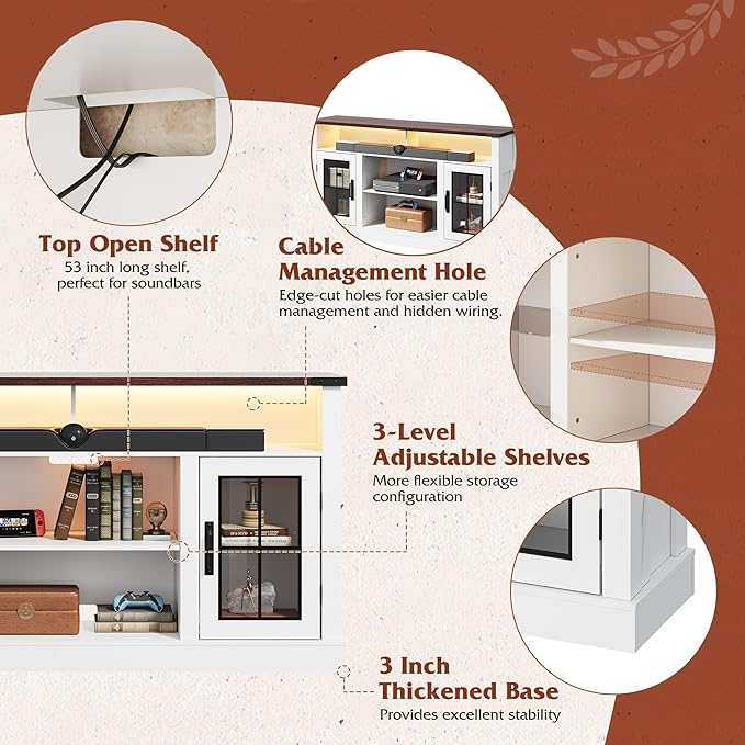 WLIVE Farmhouse TV Stand for 65 Inch TV Tall Entertainment Center with LED Lights &amp Storage Cabinets TV Media Console Table with Adjustable Shelf for Living Room Bedroom Home Theater Milk Whi