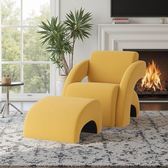 Soohow Upholstered Armchair with Ottoman – Plush Bouclé Fabric Curved Seat &amp Sled-Base Lounge Chair for Living Room Bedroom Study