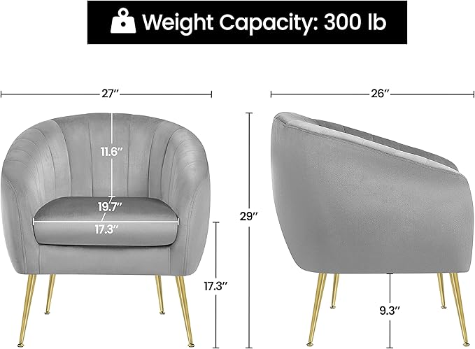 Yaheetech Modern Vanity Chair Velvet Soft Accent Chair with Gold Metal Legs Tufted Armchair Chaise Lounge for Living Room/Bedroom Gray