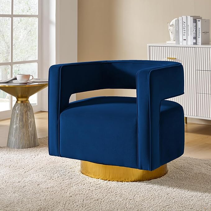 TINA'S HOME Swivel Accent Barrel Chair Modern Velvet Armchair with 3D Curved Open Back &amp Swivel Gold Metal Base Upholstered Club Chair for Living Room Bedroom Nursery Navy(No Assembly Required)