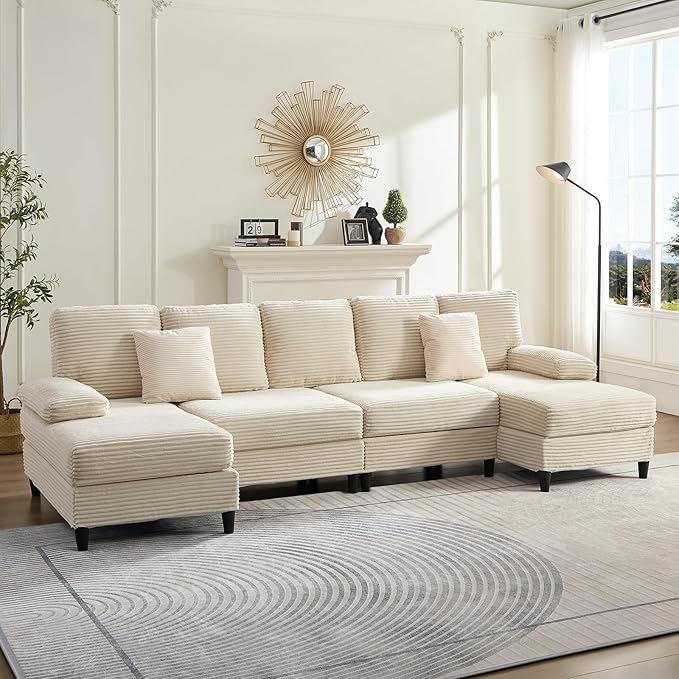 PUREMIND Sectional U Couches for Living Room U Shaped Sofa with Double Chaise Lounge and Sleepable Armrests Corduroy 4 Seater Sectional Sofa Living Room Furniture