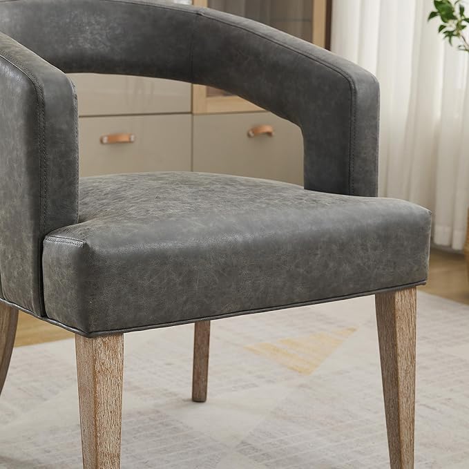 Modern Accent Chair Upholstered PU Leather Barrel Armchairs with Rubberwood Legs Comfy Lounge Arm Chair Hollow-Out Side Club Chair for Living Room Bedroom Office (Grey)