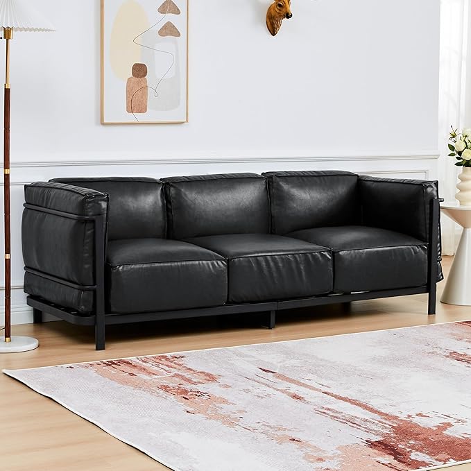 QHITTY 3 Seater Accent Sofa Mid-Century Modern Upholstered Couch Chair Faux Leather Sofa Couch with Iron Frame and Upholstered Armrest Backrest Cushion for Living Room Office Apartment (Black)