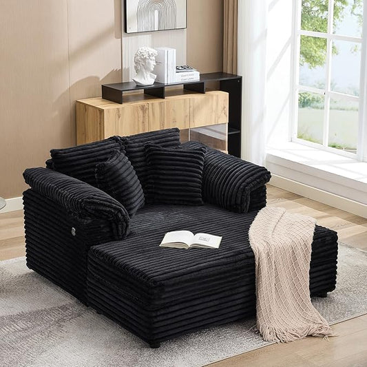 Oversized Chaise Lounge Chair 59 * 54 Inch Indoor Comfy Corduroy Cloud Sleeper Couch Upholstered Sofa Bed with USB Port Throw Pillows Supportive Armrests for Living Room