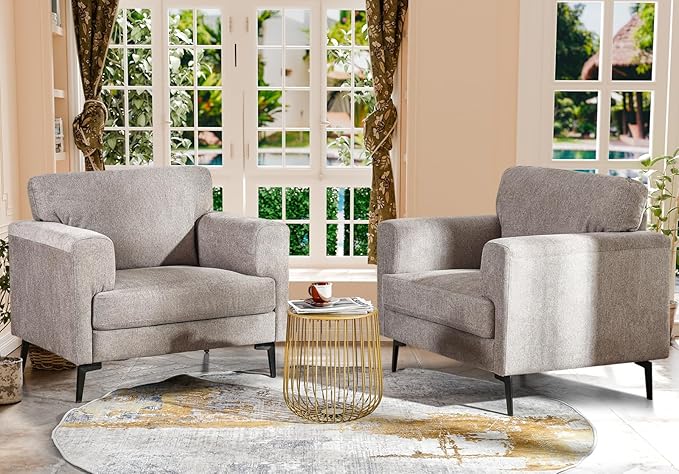 Oversized Accent Chair Upholstered Living Room Chairs Single Sofa Chair w/Metal Legs Comfy Linen Fabric Reading Lounge Armchair for Apartment Bedroom Office Light Brown 2PCS