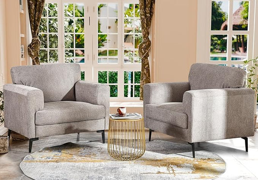 Oversized Accent Chair Upholstered Living Room Chairs Single Sofa Chair w/Metal Legs Comfy Linen Fabric Reading Lounge Armchair for Apartment Bedroom Office Light Brown 2PCS