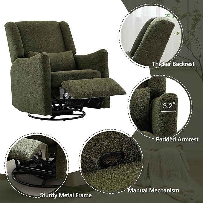 Classic Wingback Glider Recliner Nursery Chair Rocker Swivel Recliner Chairs for Small Spaces Thick Cushion Linen (Green)