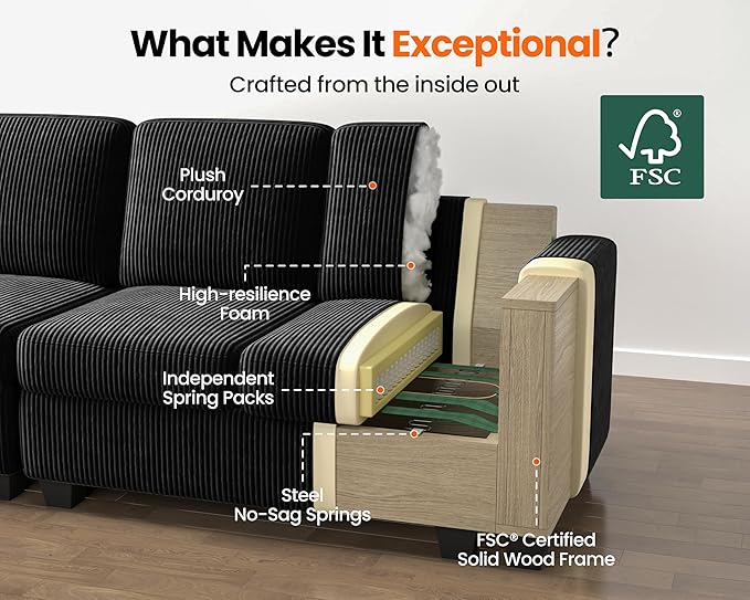 CHIC HOUSE Modular Sectional Couch| Corduroy L Shaped Sleeper Sofa U-Shape Sofa Bed Convertible Chaise with Storage Ottoman for Living Room Modern Furniture (Dark Grey 8 Seater L-Shaped)