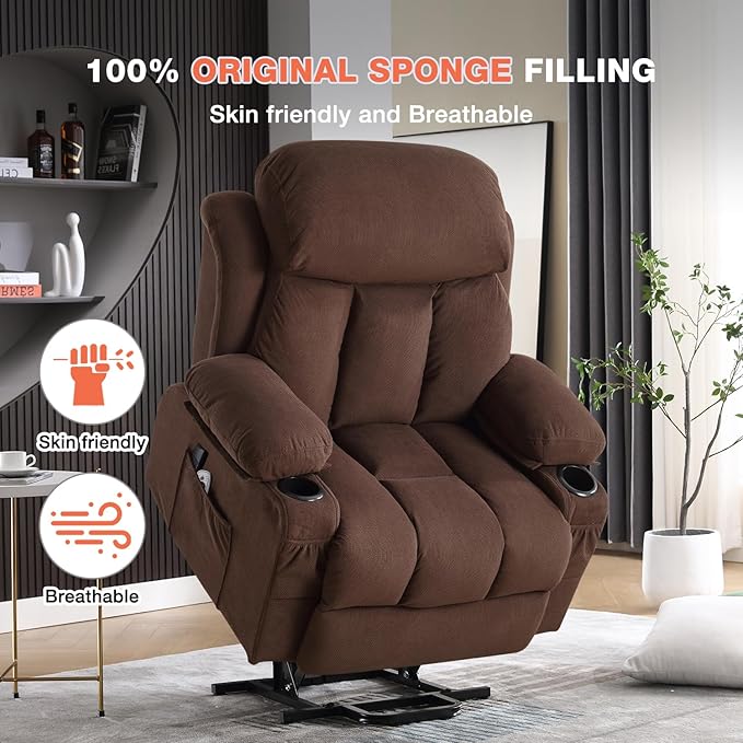 Power Lift Recliner Chair for Elderly with Vibration Massage and Lumbar Heating Electric Lift Recliner Single Sofa with Side Pocket Two Cup Holders and USB Charge Port for Living Room