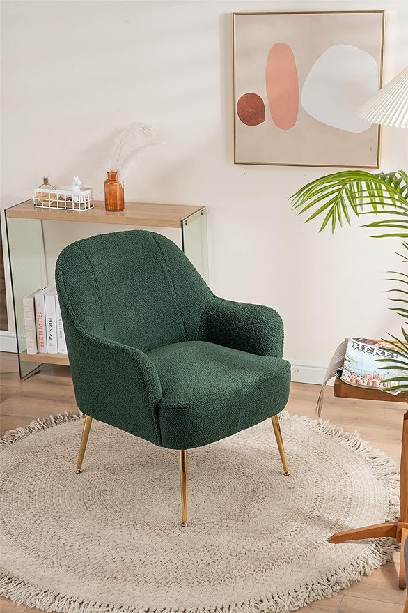 Modern Soft Green Teddy Fabric White Ergonomics Accent Chair Living Room Chair Bedroom Chair Home Chair with Gold Legs and Adjustable Legs Family Room Sofa Armchair Furniture for Indoor Home (Green)
