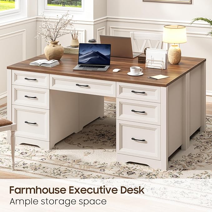 Vabches Farmhouse Executive Desk Wood Home Office Desk with 2 Large File Drawers and 5 Storage Cabinets Rustic Writing Desk for Work and Study Brown