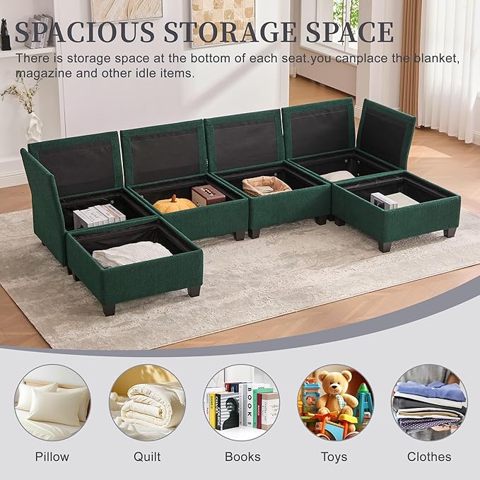 U Shaped Modular Sectional Sofa Couch with Storage Ottoman 6 Seat Convertible Upholstered Deep Seat Sofa with Chaise Lounge Comfy Cloud Couch for Living Room Emerald Green
