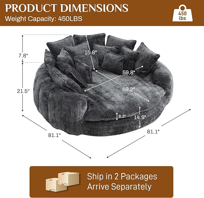 81 Round Sofa Bed Big Bean Bag Round Chaise Lounge Oversized Round Couch Boneless Reading Chair Plush Fluffy Chenille Large Chaise Chair for Living Room Bedroom Apartment Dark Gray