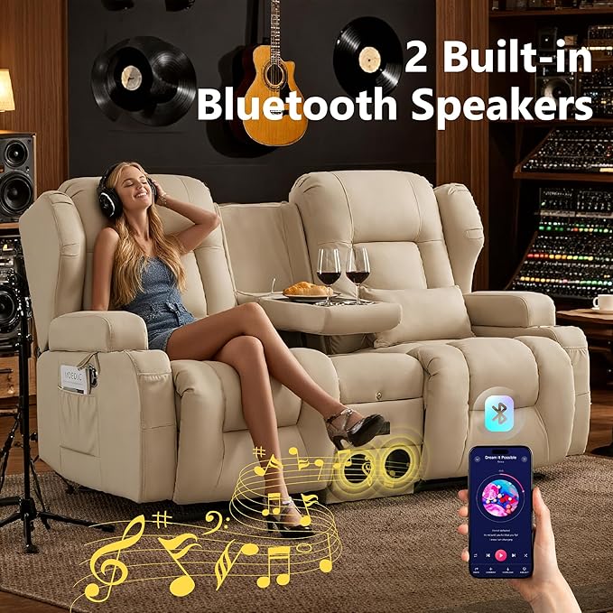 URRED Manual Loveseat Recliner Sofa with Console Rocker Recliner Couch with Bluetooth Speakers USB Ports &amp AC Outlets Cup Holders and Side Pocket for Living Room &amp Home Theater (Leathaire B