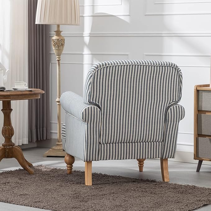 chairus Linen Accent Chair for Living Room Upholstered Mid Century Modern Single Sofa Chair with Solid Wood Legs Comfy Reading Chair Armchair for Bedroom/Office Room/Recption/Lounge Blue Stripe