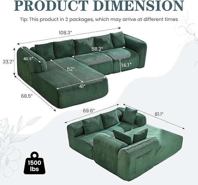 HOMREST 108 Modern Modular Sectional Sofa Sectional Couch with Deep Seat and Pocket Cloud L-Shape Sofa with Chaise Upholstered Boneless Couches for Living Room Bedroom Green Left Facing Chaise