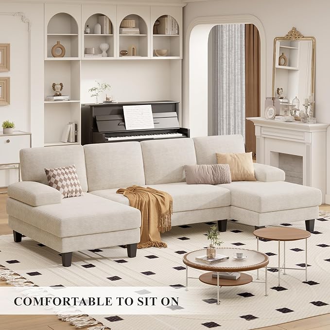 110 U-Shaped Sectional Sofa Couch for Living RoomModern Modular Sofa with Double ChaiseClassic Lounge Couch Sleeper for Apartment Beige Corduroy