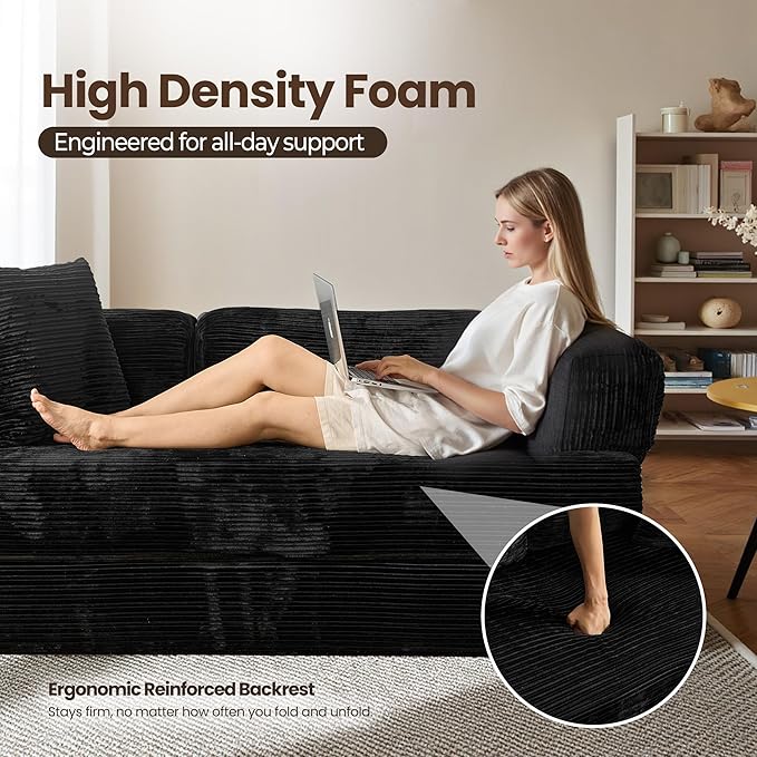HOOOWOOO Convertible Folding Futon Sofa Bed4 in 1 Corduroy Sleeper Couch No Assembly80.5 Boneless Loveseat Lounge with Steel Frame Support for Living Room Bedroom Guest Room(Black)