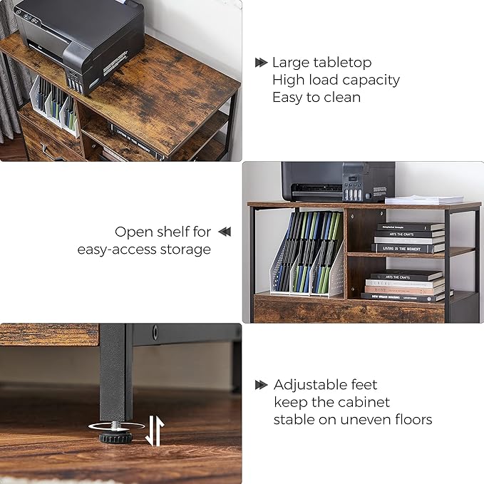 VASAGLE Lateral File Cabinet for Home Office Filing Cabinet with Open Shelves and Drawer for A4 Letter and Legal Sized Documents Printer Stand Rustic Brown and Ink Black UOFC043B01
