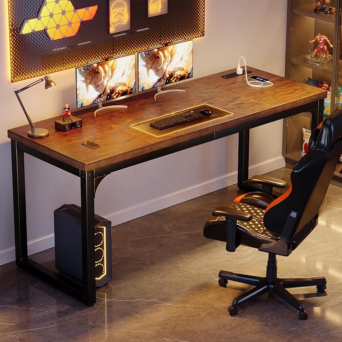 Computer Desk with Power Outlets 63 Inch Large Home Office Desk with Deeper &amp Thicker Desktop Modern Gaming Desk Study Writing Work Desk Metal Frame Rustic Brown
