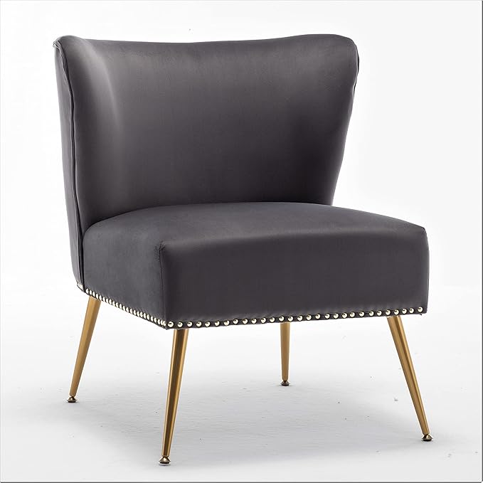 Thia Armless Velvet Accent Chair for Living Room Elegant Seat with Nailhead Trim Gold Metal Legs and Comfortable Curved Back 28 D x 25 W x 29.5 H Grey