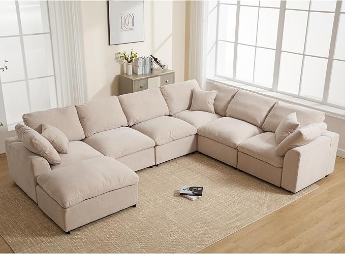 129.3 Oversized Modular Sectional Sofa U Shaped Couch with Movable Ottoman Large 7 Seat Corner Couches for Living Room Spacious Space Beige