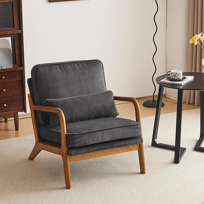 Karl home Mid-Century Modern Accent Chair Living Room Chairs with Pillow Corduroy Upholstered Lounge Armchair with Solid Wood Frame &amp Soft Cushion for Bedroom Reading Room Dark Gray