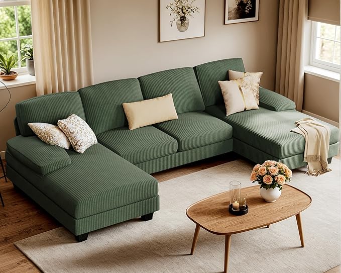 Furniwell Convertible Sectional Sofa Couch 4 Seat Sofa Set for Living Room U-Shaped Modern Fabric Modular Sofa Sleeper with Double Chaise &amp Memory Foam (Corduroy Deep Green)