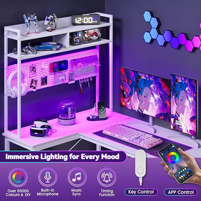Apicizon L Shaped Gaming Desk 53 Reversible Corner Computer Desk with LED Lights Carbon Fiber Surface Pegboard with Hooks Drawer &amp PC Tower Stand USB Charging Port