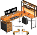 L Shaped Desk with ShelvesReversible Computer Desk with LED Lights and Charging StationHome Office Corner Desk with Monitor StandBrown2