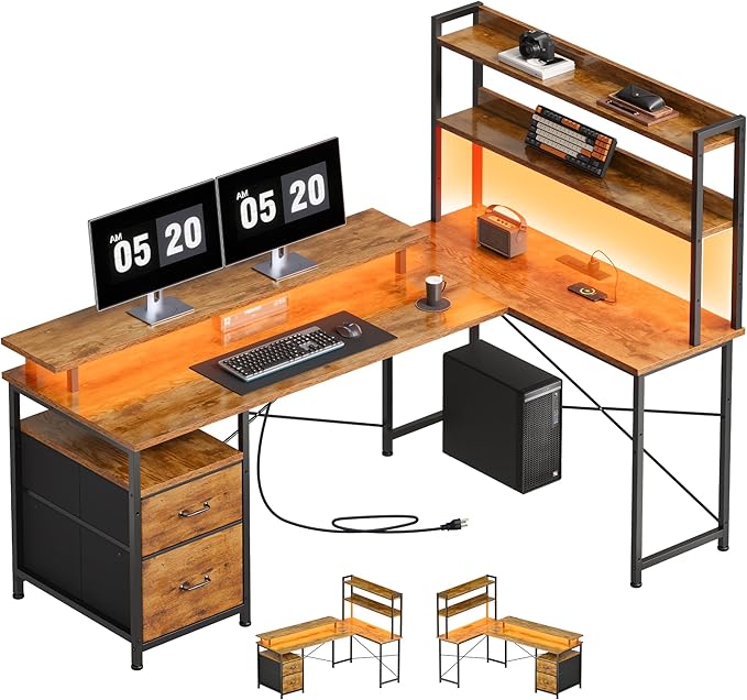 L Shaped Desk with ShelvesReversible Computer Desk with LED Lights and Charging StationHome Office Corner Desk with Monitor StandBrown2