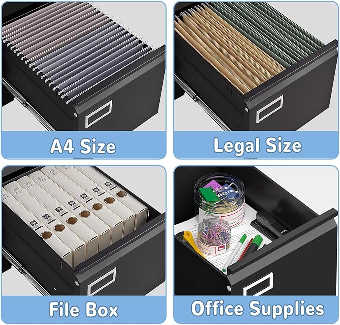 Black Metal 4-Drawer Vertical File Cabinet - Lockable Durable Full-Extension Drawers for Office Storage
