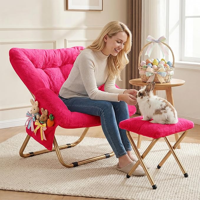 Comfy Saucer Chair Foldable Living Room Chairs Soft Faux Fur Lounge Chair for Bedroom Reading Chairs for Adults Teens X-Large (Hot Pink)