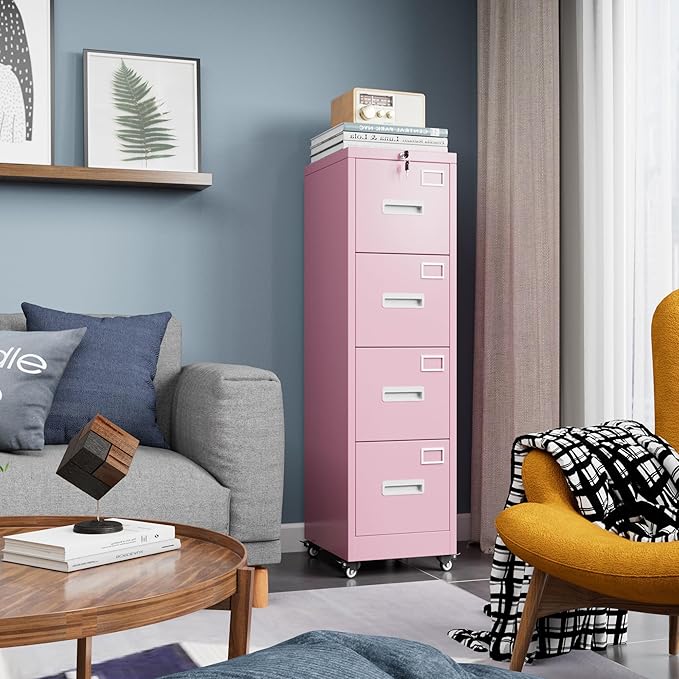 METAN 4 Drawer File Cabinet on Wheels Lockable Metal Filing Cabinet with Handle and Name Card for Office HomeAssembly RequiredPink