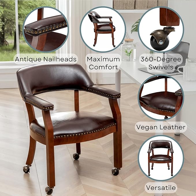 Convenience Concepts Take a Seat Dillon Rolling Armchair 25.25 - Traditional Accent with Wheels Transitional Swivel Desk or Table Chair for Office &amp Dining Room Espresso Vegan Leather