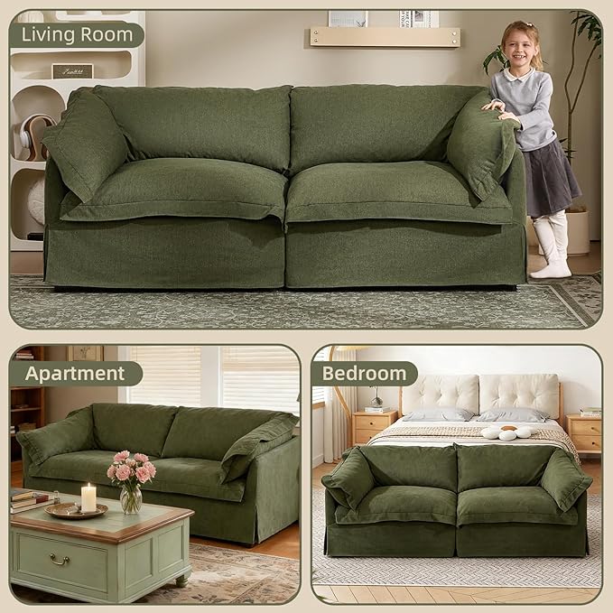 81'' Retro Sofa Couch with Storage 2-Seater Cozy Sofa for Living Room French Country Couch with Removable Washable Cover Green