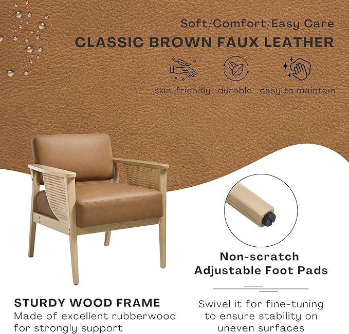 Mid-Century Accent Chair Modern Rattan Armchair PU Leather Lounge Chair with Wood Legs Upholstered Leisure Chair for Living Room Bedroom Reception Room Brown