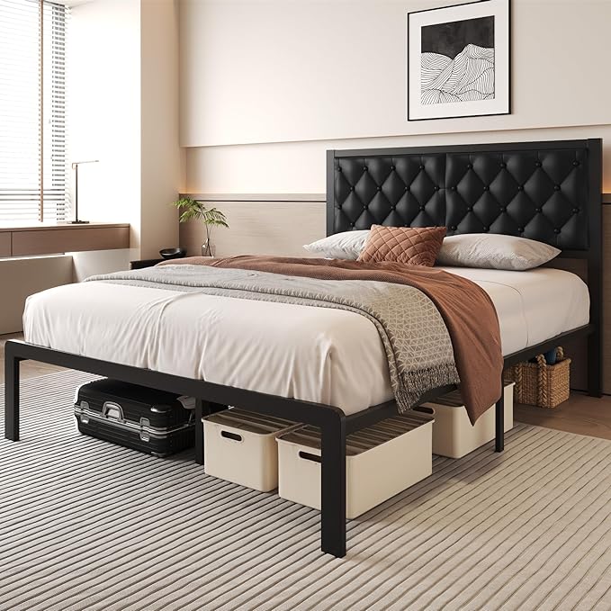 Queen Bed Frame with Headboard PU Leather Upholstered Bed Frame PlatformAll Metal Slats Support Platform Bed Frame with Storage SpaceEasy AssemblyNoise FreeNo Box Spring NeededBlack