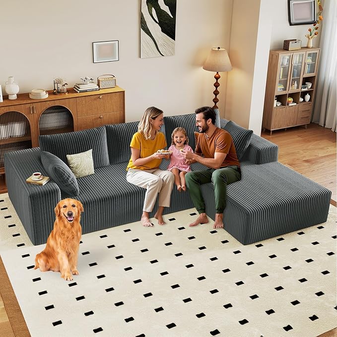 96 Modular Sectional Sofa Modern Corduroy Cloud Couch with Deep Seat Boneless Couch Upholstered 3-Seater L-Shaped Sofa for Living Room No Assembly Required (Dark Grey Right-Facing Chaise)
