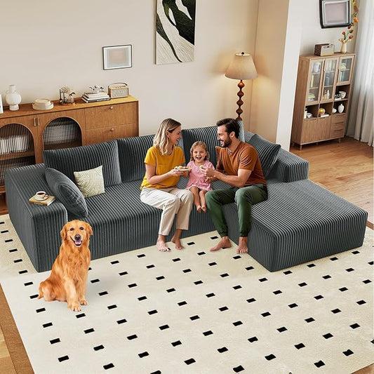 96 Modular Sectional Sofa Modern Corduroy Cloud Couch with Deep Seat Boneless Couch Upholstered 3-Seater L-Shaped Sofa for Living Room No Assembly Required (Dark Grey Right-Facing Chaise)