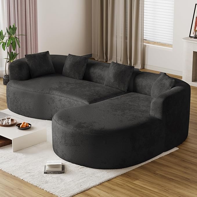 Oversized Sectional Sofa with Right Chaise for Living Room 111 Modern Curved L Shape Cloud Couch with Extra Deep Seat Modern Luxury Chenille 4 Seater No Assembly Required Black
