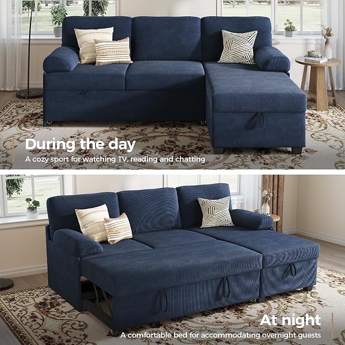 80 inch Convertible Sectional Sofa L-Shaped Sofa Sleeper with Reversible ChaiseCouch Bed with StorageRemovable ArmrestModern Pull Out Bed for Living Room BedroomCorduroy Blue