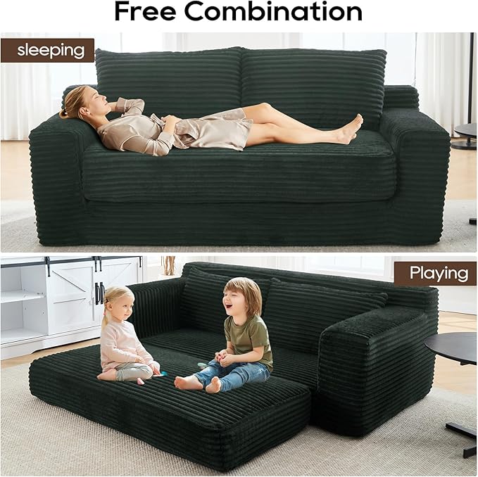 70.87 W Memory Foam Cloud Loveseat Sofa 2 in 1 Convertible Folding Couch Bed No Assembly Compressed Corduroy Floor Lounge Sofa for Apartment Office Bedroom Living Room Small Spaces