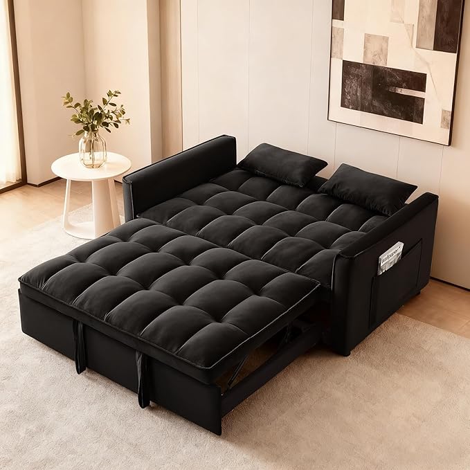 53'' Convertible Sleeper Sofa Bed Modern Velvet Fabric Adjustable Backrest Side Pocket and 2 Pillows 3-in-1 Pull Out Loveseat Couch for Living Room Bedroom Small Spaces Black